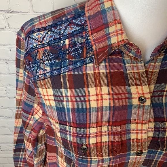 Chaps Flannel Top with Embroidery Detail on Shoulders - Picture 3 of 13